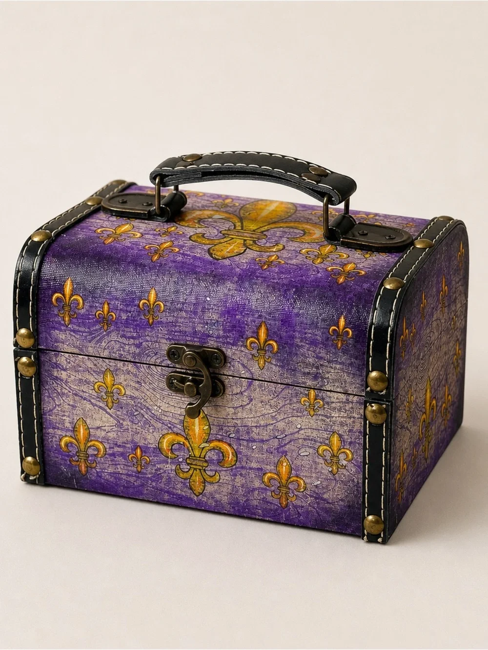Vintage Purple Fleur De Lis Trinket Jewelry Box‎ Chest Lockable